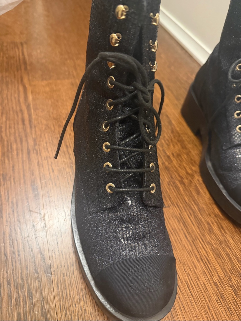 CHANEL Lace-Up Ankle Boots with Gold Eyelets